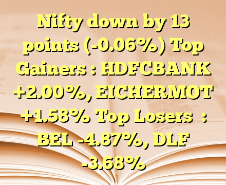 Nifty down by 13 points (-0.06%) Top Gainers : HDFCBANK +2.00%, EICHERMOT +1.58% Top Losers  : BEL -4.87%, DLF -3.68%